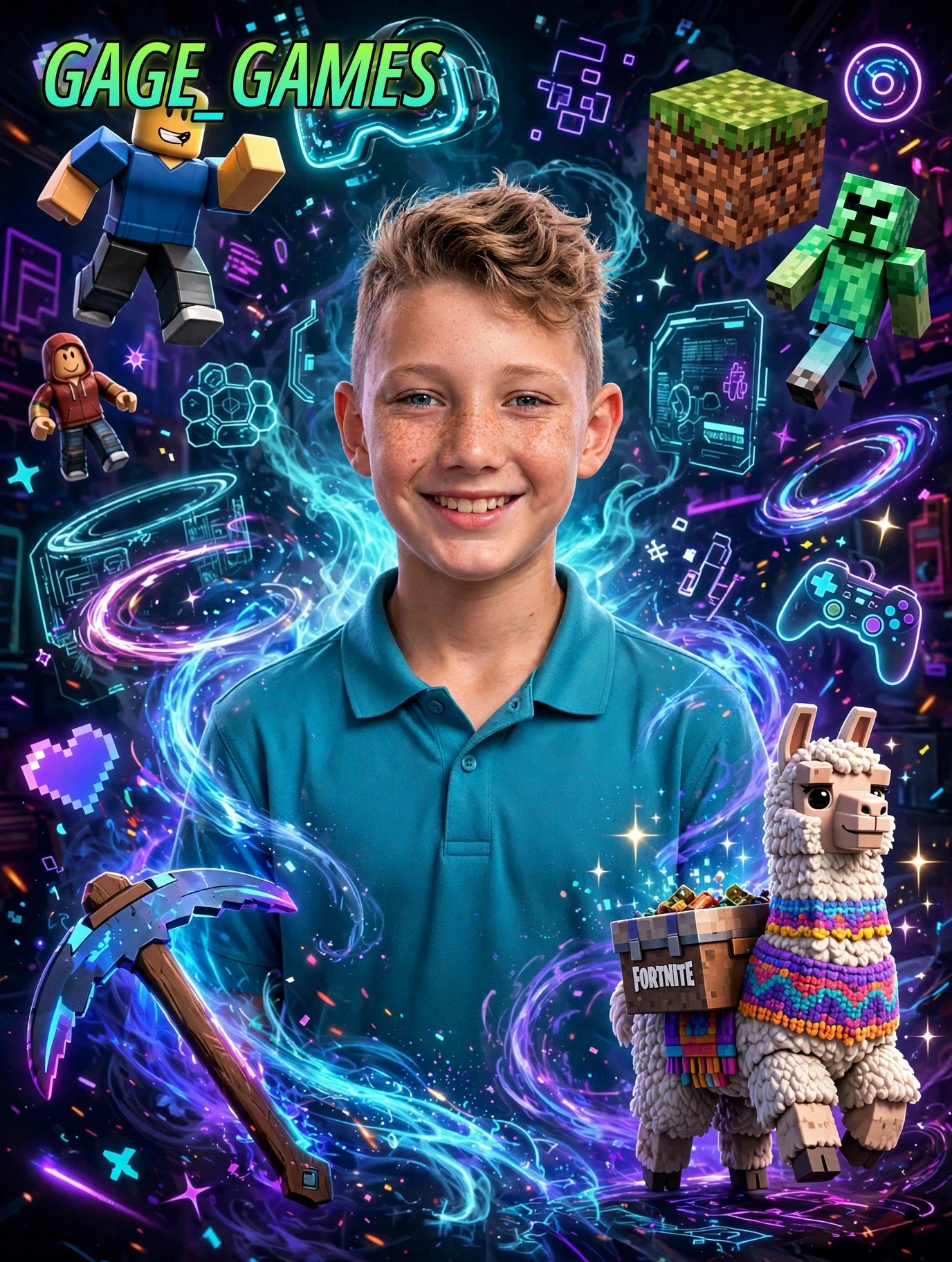 Gage surrounded by his games: Roblox, Minecraft, Fortnite and VR