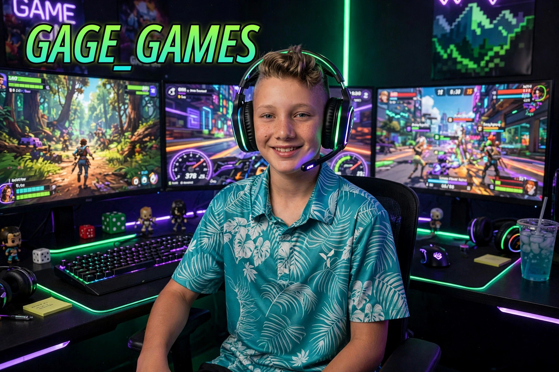 Gage at his neon gaming battlestation