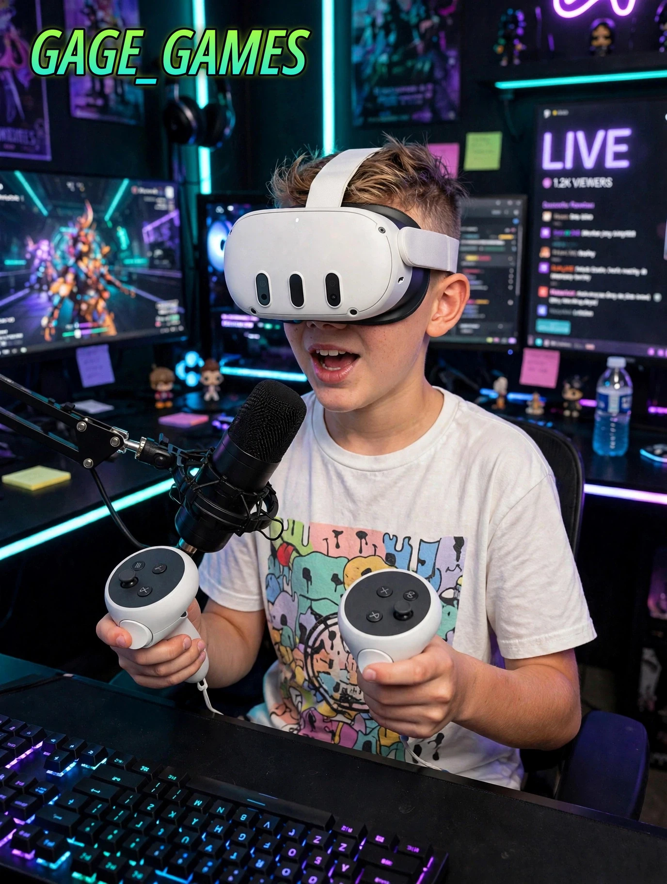 Gage recording a VR gameplay video with his microphone