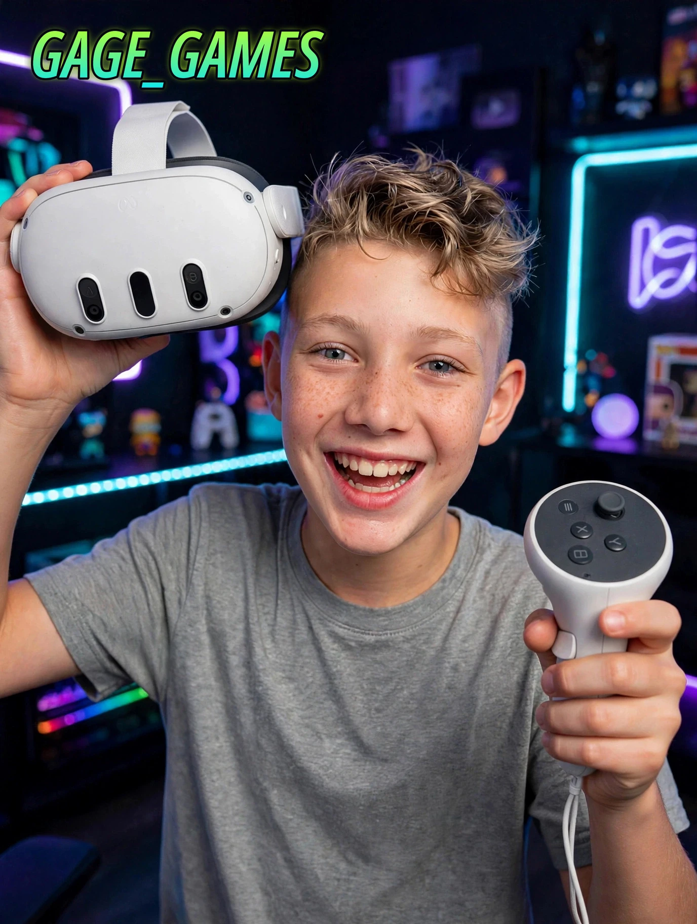 Gage showing off his Meta Quest 3 headset and controllers